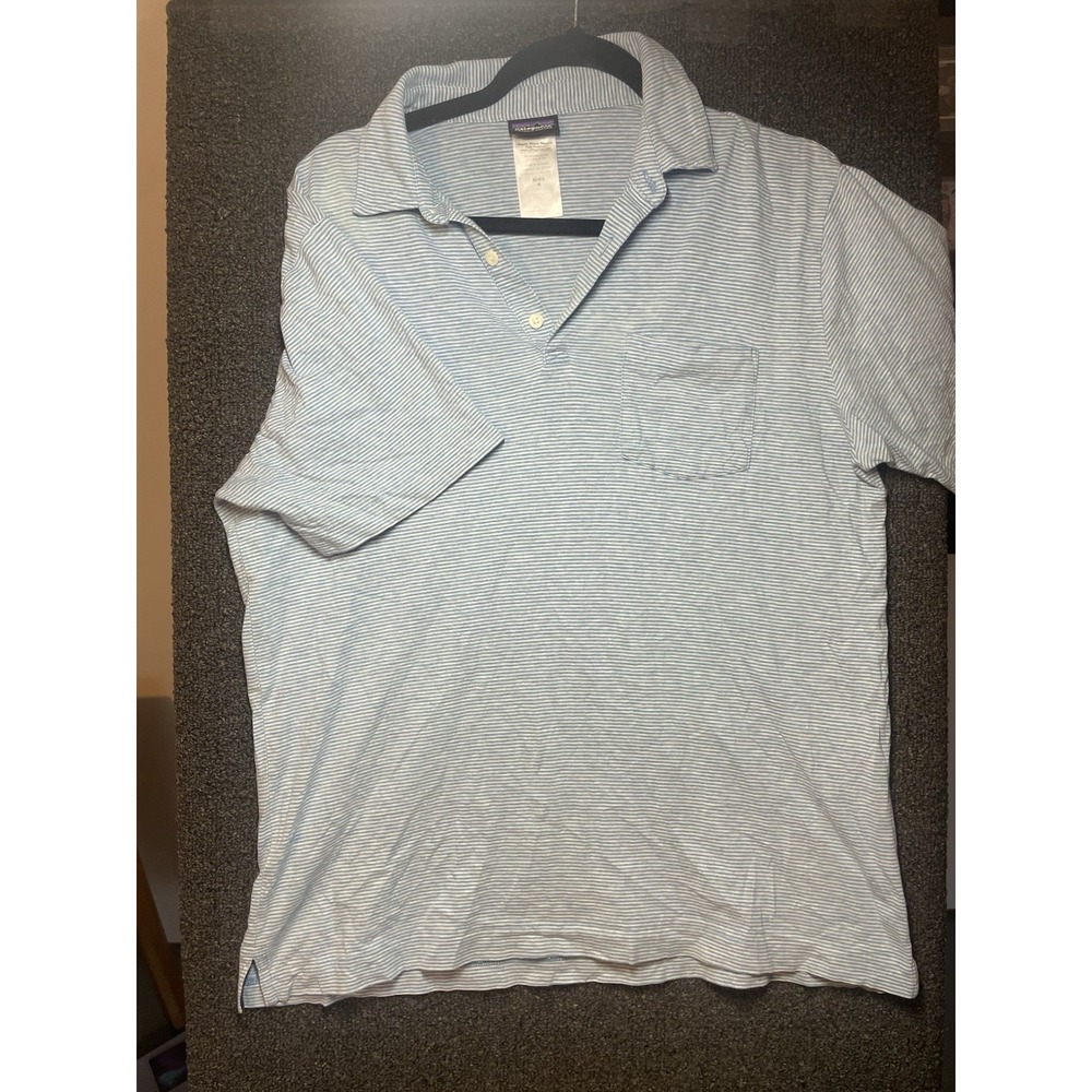 Patagonia Polo Mens Medium Blue White Striped Organic Cotton Shirt
